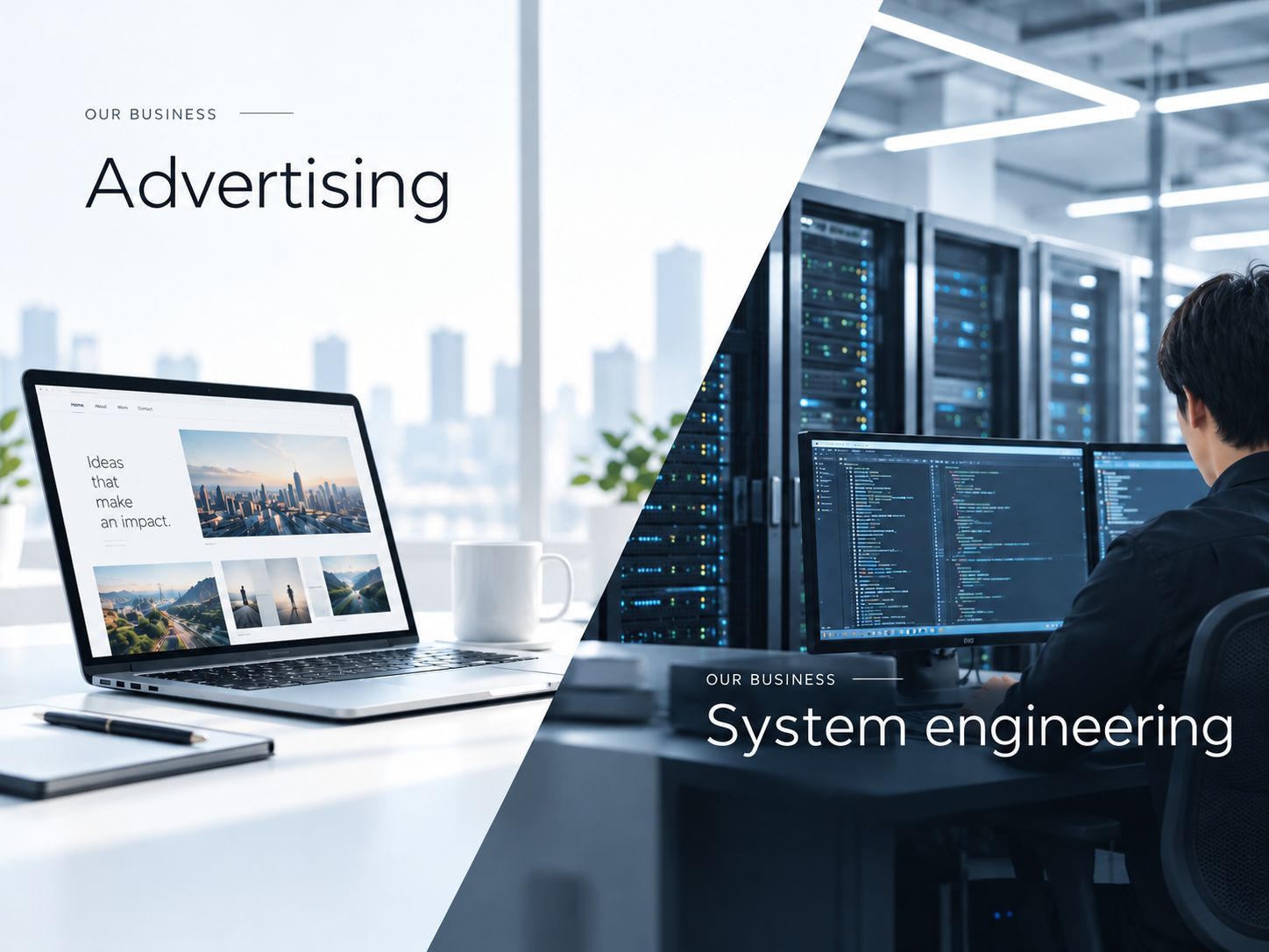 Our two businesses: advertising, shown as a laptop in a bright office, and system engineering, shown as an engineer at monitors in a server room.